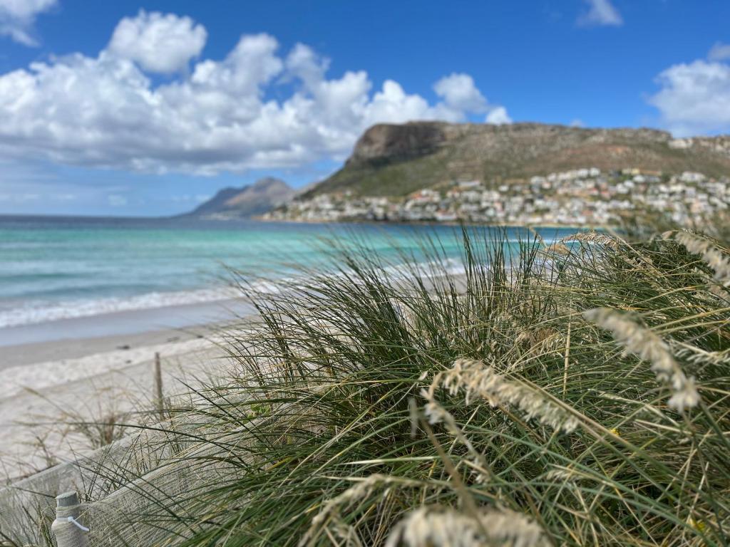 a view of a beach with a city and the ocean at Sandpiper Cottage in Fish Hoek