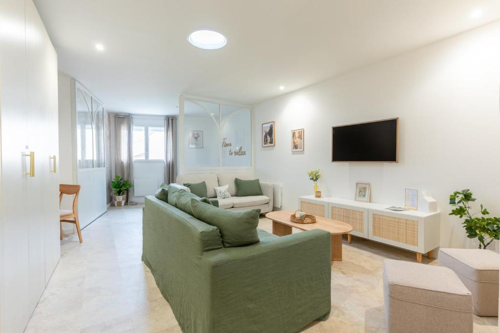 a living room with a couch and a tv at Serenity Appart', Les Clés de l'Espoir, proche Poitiers in Nieuil-lʼEspoir