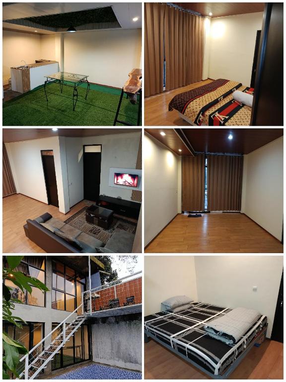 a collage of four pictures of a room at Selaras Heritage Villa in Campaka