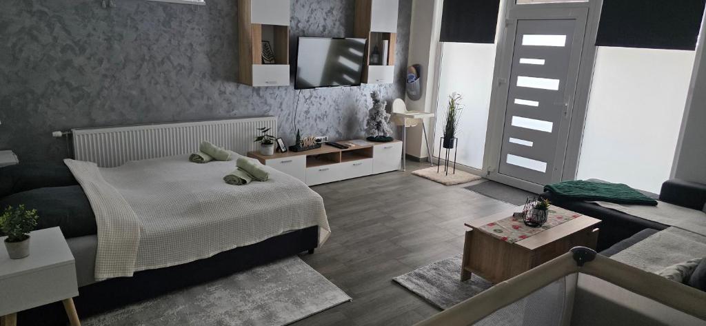 een slaapkamer met een bed en een tv aan de muur bij Apartman Bajka in Ruma