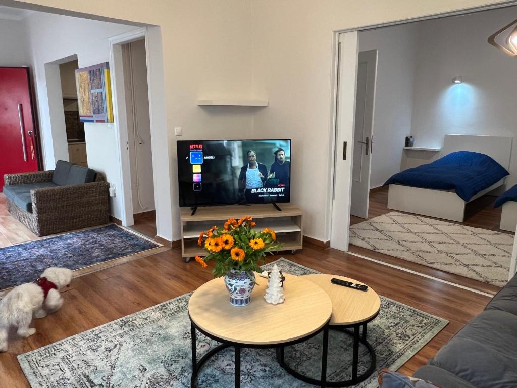 a living room with a couch and a tv at Urban art House in Eleusis