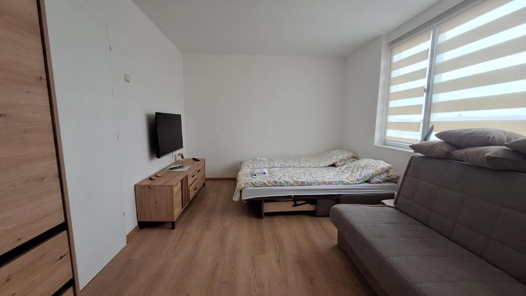 a small living room with a couch and a tv at Stan na dan Žabac in Vlasenica