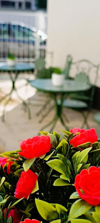 a bunch of red flowers sitting on a couch at Orelli House - Bilocal Garden in Lissone