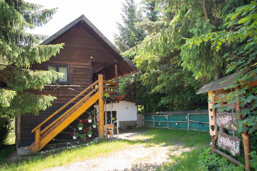 a log cabin with a large wooden staircase leading to it at Pensiunea Padina in Bran