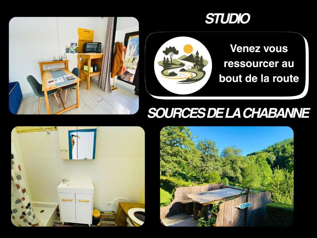 a collage of four pictures of a house at Studio aux Sources de la Chabanne in Saint-Hilaire-les-Courbes