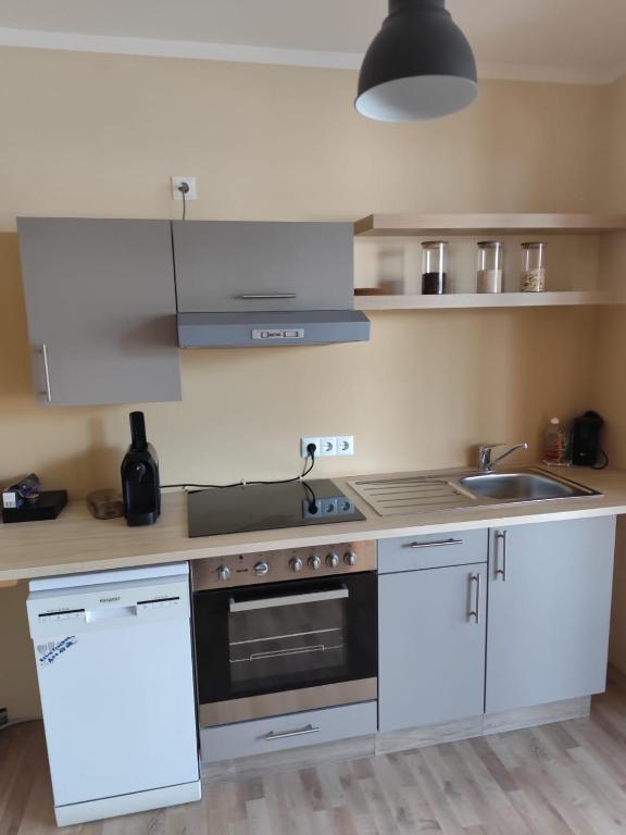 a kitchen with a stove and a sink at Boxenstop in Kleinlobming