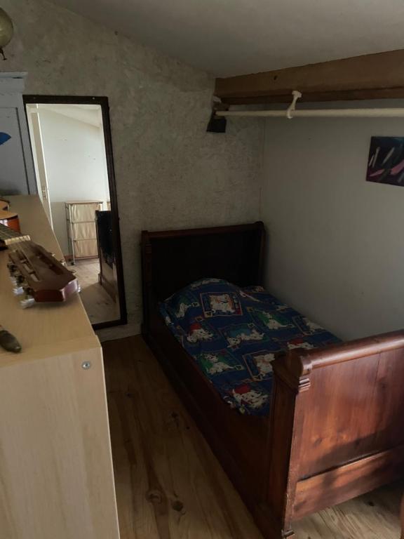 a small bedroom with a bed and a mirror at Maison de caractère in Les Bordes-sur-Arize