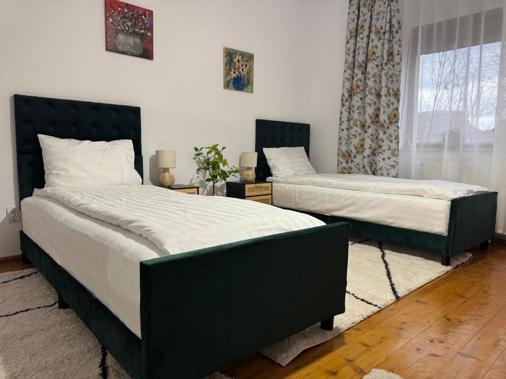 ein Schlafzimmer mit zwei Betten und einem Fenster in der Unterkunft Casa SiMaria in Simeria