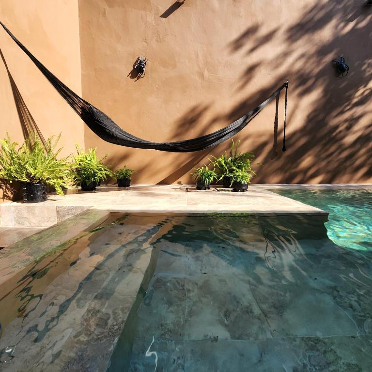 a swimming pool with a hammock next to a wall at Casa Josefina in Hunucmá