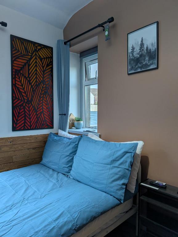 a bed with blue pillows in a room with a window at R3 - Cozy Small Double - City & Beach Access, WIFI, Free Parking, Bus Stop 50ft From House - Self Catering in Swansea