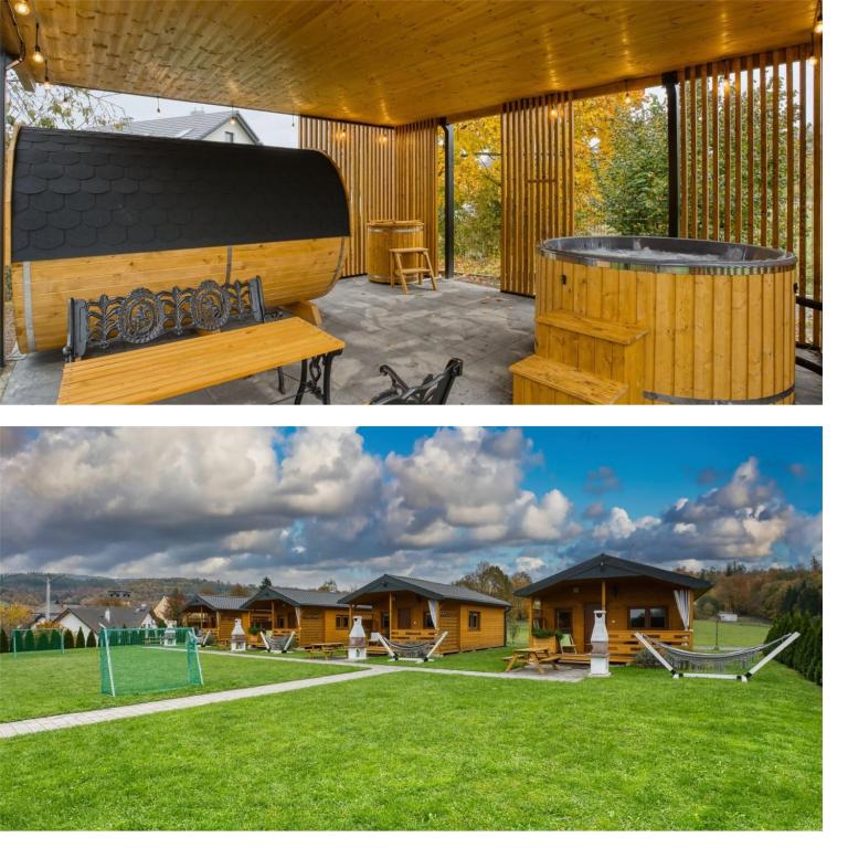 two pictures of a wooden house with a playground at Domki u Iwony#sauna#balia in Kudowa-Zdrój