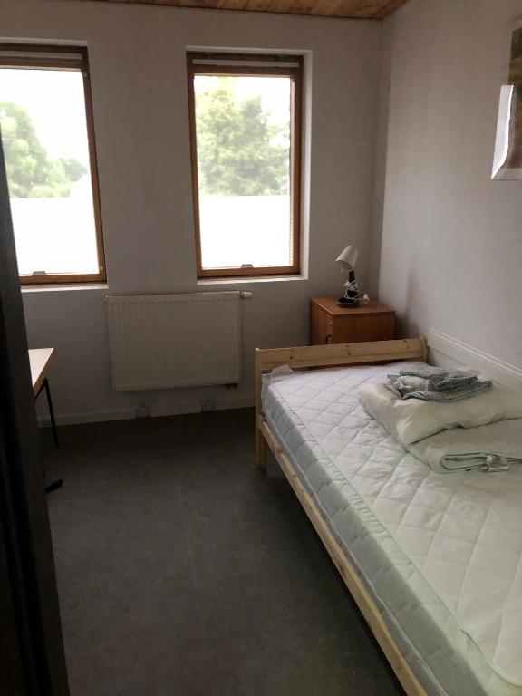 a bedroom with a bed and two windows at Kwatery Mamma Mia Opawska 1a in Krzanowice
