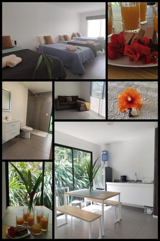 a collage of photos of a bedroom and a living room at Cabañas Teave in Hanga Roa