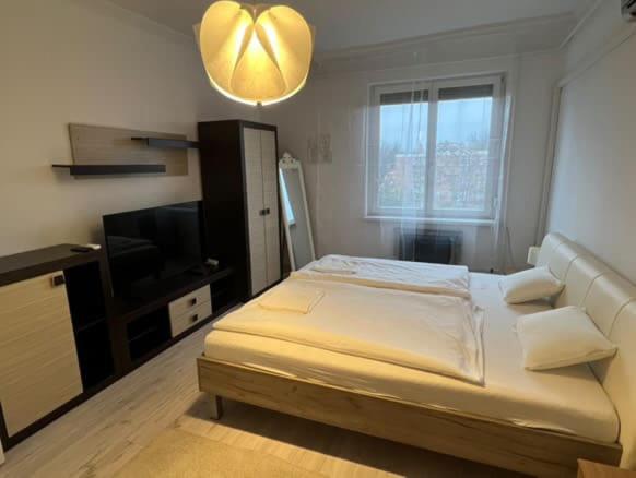 a bedroom with a bed and a flat screen tv at Greatforest apartman 2 in Debrecen