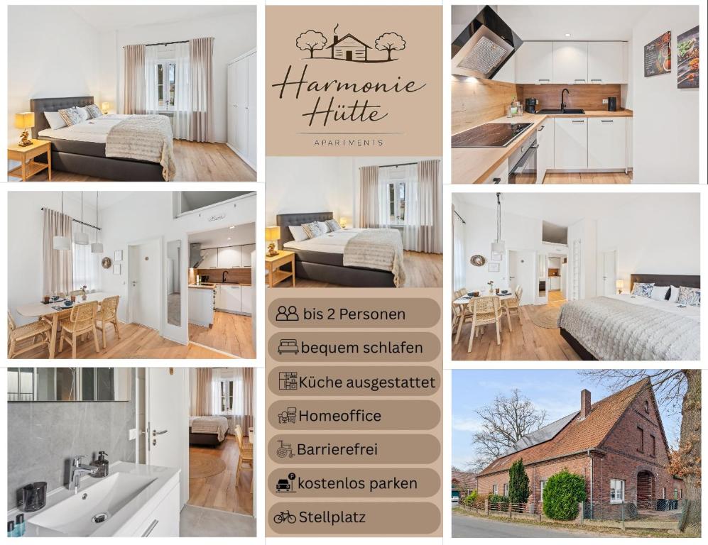 a collage of photos of a bedroom and a house at "Harmonie Hütte" warmherzig eingerichtetes und ruhig gelegenes Appartement! in Minden