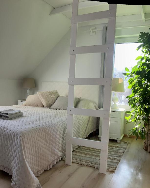 a white loft bed in a bedroom with a ladder at Apartament Pod Piórkiem in Krościenko