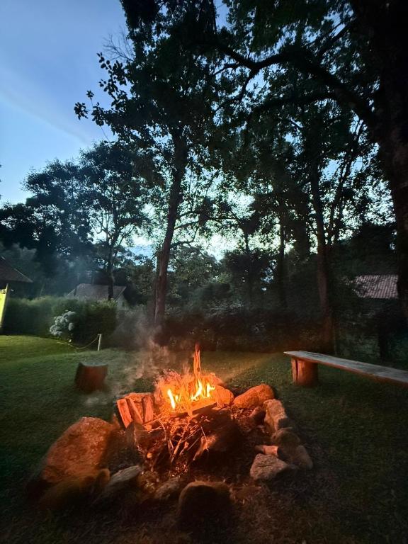 a fire pit in a yard with a bench at Sitio Pera da agua in Santa Luísa de Baixo