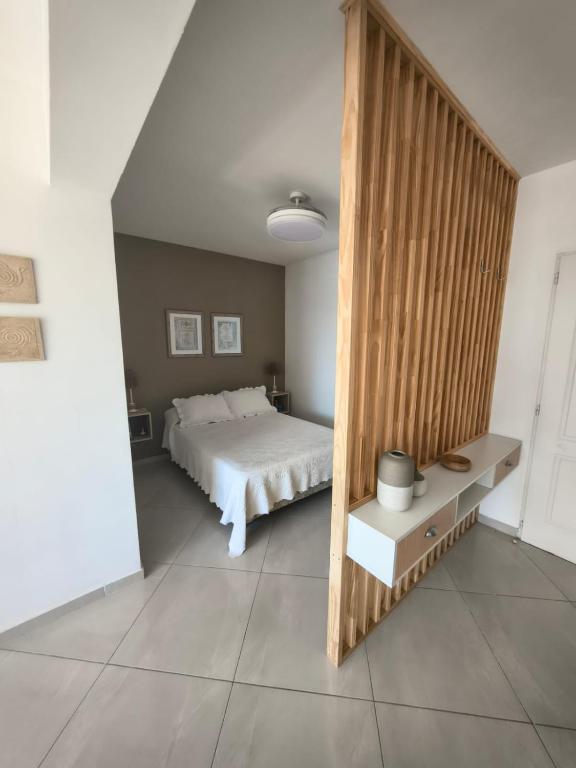 a bedroom with a bed and a large mirror at Una perla a metros del mar in Mar del Plata