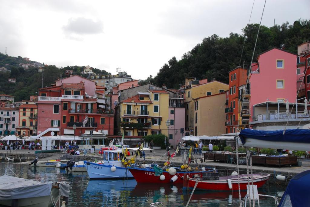 a group of boats docked in a harbor with buildings at Villa Sofia in Lerici