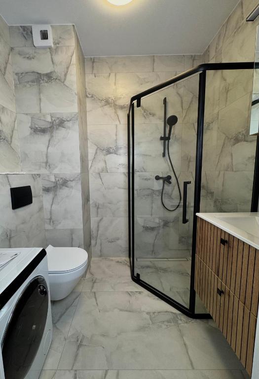a bathroom with a shower and a toilet at Apartament Kwiatowa in Tychy