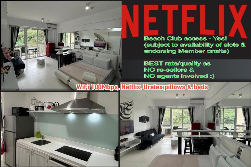 a collage of three pictures of a living room at Beach condos at Pico de Loro Cove & possible Beach Club Access & Wi-Fi & Netflix, 42-50''TVs with Uratex beds & pillows, equipped kitchen, balcony, parking, guest registration fee is not included in Nasugbu