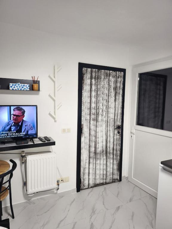 a room with a door with a television and a window at Modern lux studio B in Beringen