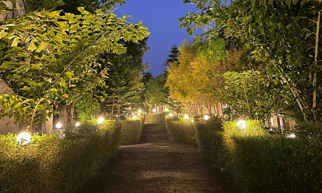 a pathway with lights in a garden at night at The HighGarden Resort in Udaipur