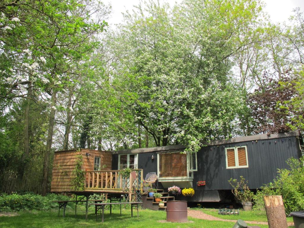 una casa pequeña en un jardín con terraza en Woonwagen Wadkovice, en Pieterburen