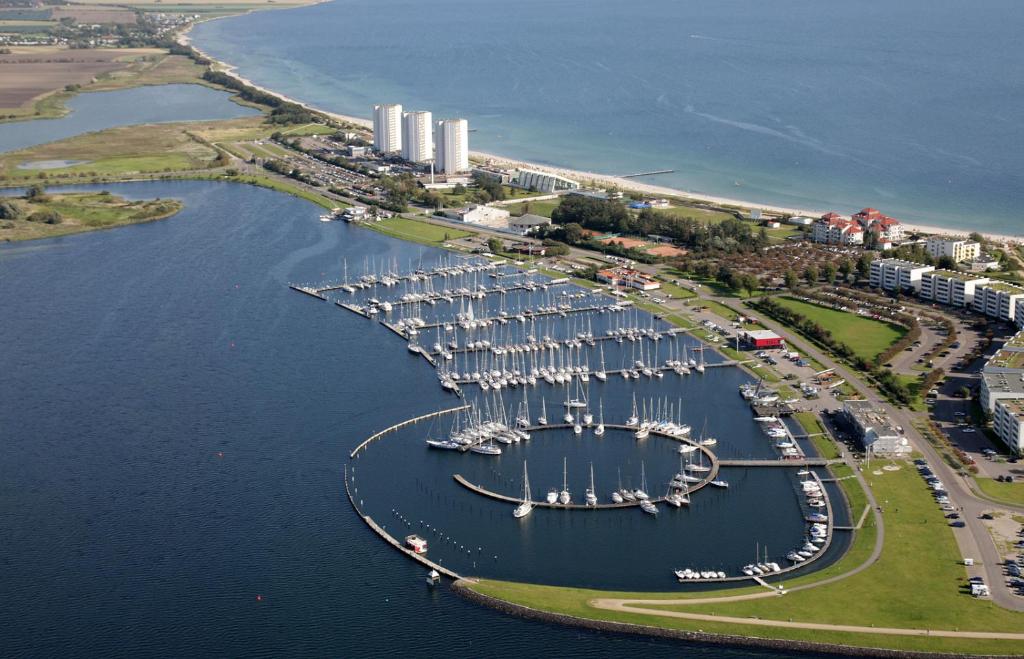 an aerial view of a marina with many boats at IFA Yachthafen Fehmarn in Fehmarn