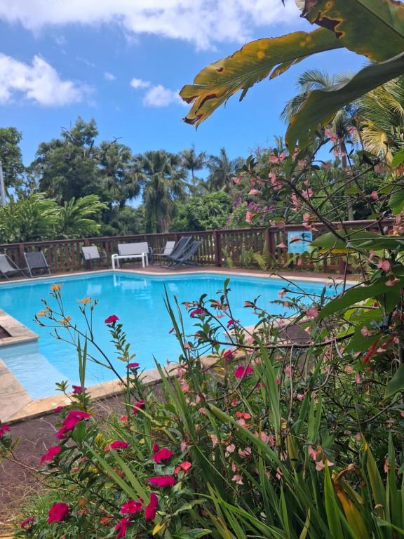 a swimming pool in a resort with pink flowers at Le four à pain in Saint-Philippe
