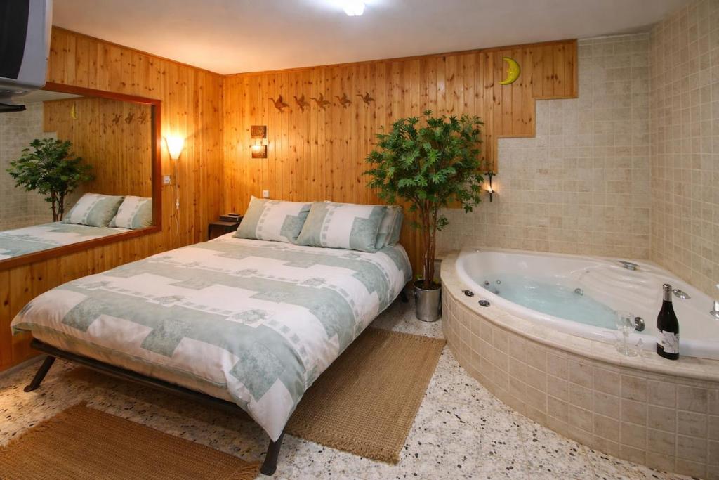 a bedroom with a bed and a bath tub at Among the cherry trees - B&B 1 Hermon in Metulla