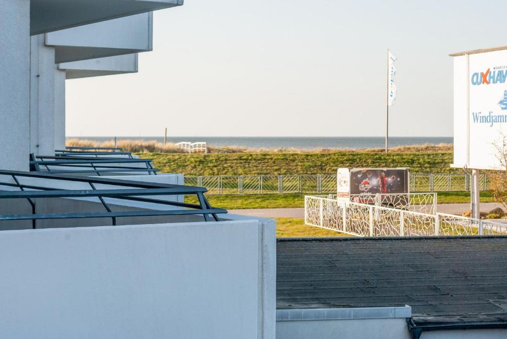 a row of bleachers with the beach in the background at Hanseatic 111 in Duhnen