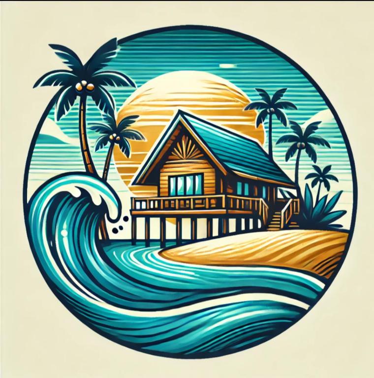 a drawing of a house on the waves and palm trees at M'Pai Bay 23 Ripples Guesthouse and Sky Bar in Koh Rong Sanloem