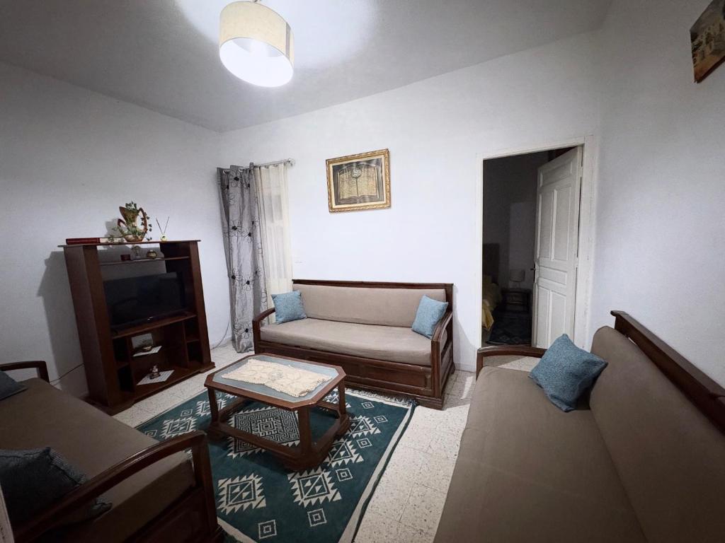 a living room with a couch and a tv at Appartement Ettahrir in Tunis