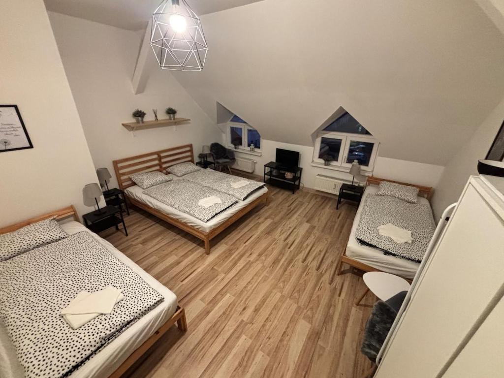 a large room with two beds and a tv at Apartmány u Klínovce in Vejprty
