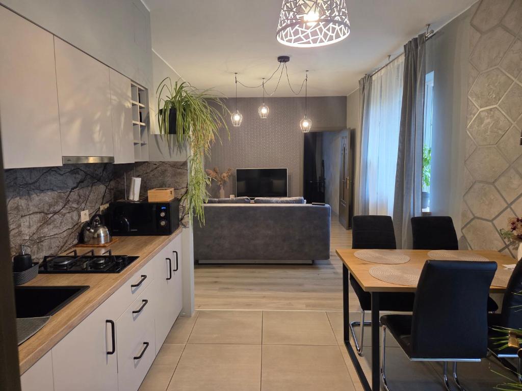 a kitchen with a table and a dining room at Dailidžių apartamentai in Klaipėda