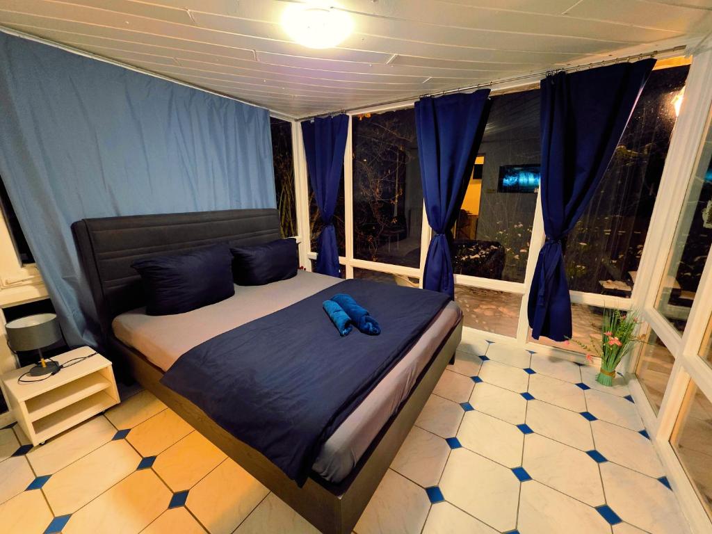 a bedroom with a bed with blue pillows and a window at Villa mit Garten 4 Personen in Nuremberg