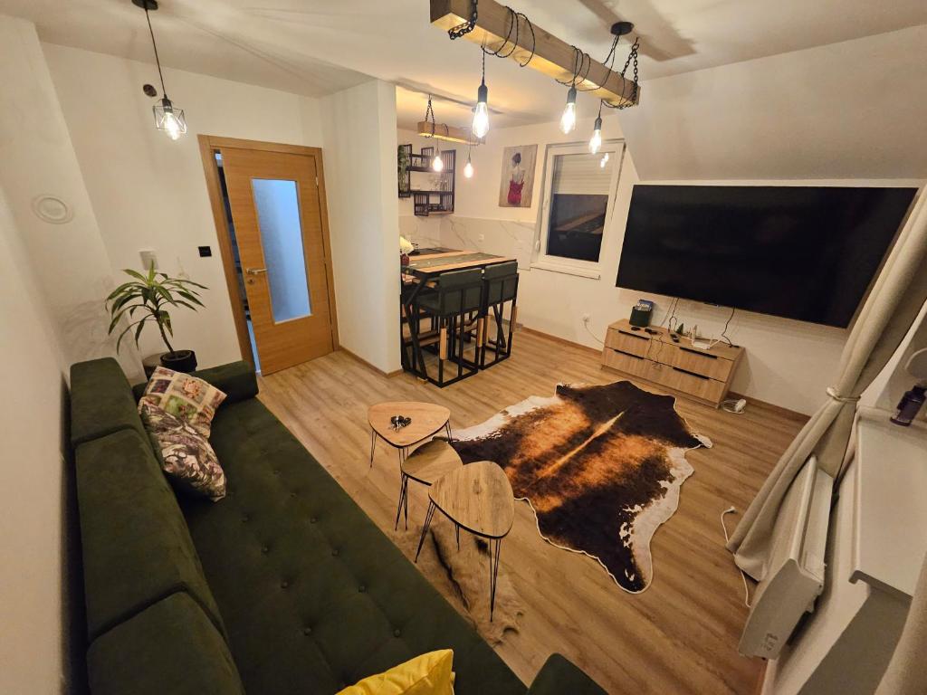 a living room with a green couch and a table at Mali Princip in Pale