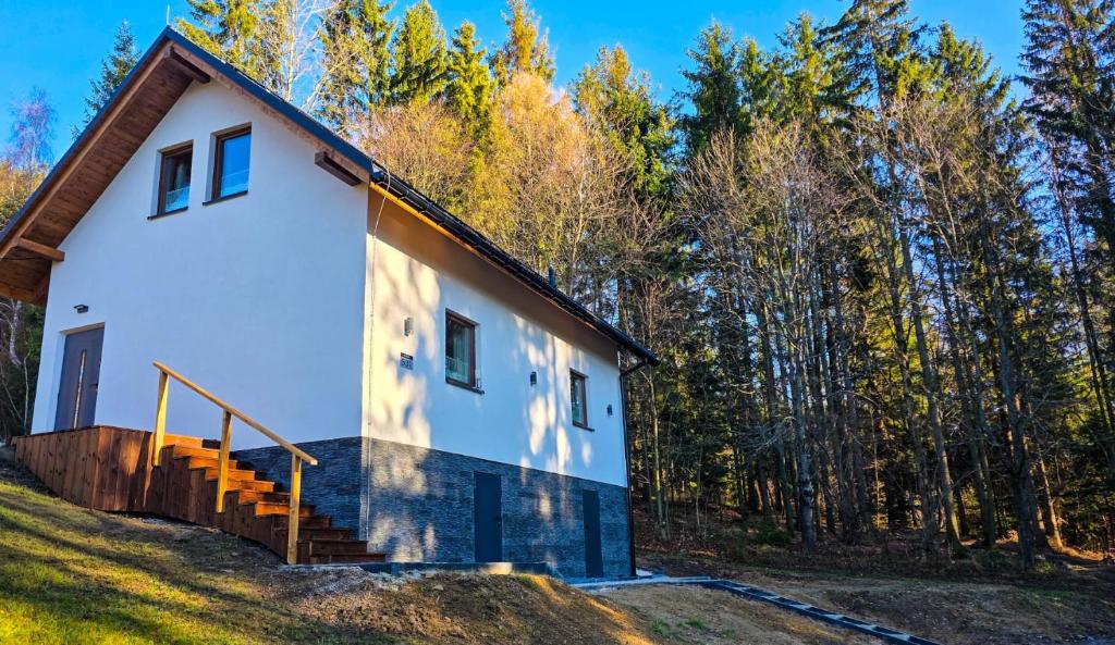 Ein Haus auf einem Hügel mit Bäumen im Hintergrund in der Unterkunft Bliżej do nieba in Istebna