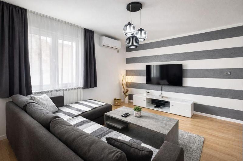 a living room with a couch and a tv at Apartman MARY in Belgrade