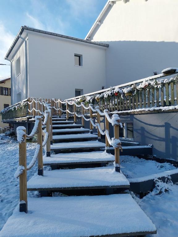 a group of stairs covered in snow next to a building at Gîte Sous le marronnier jusqu'à 10 personnes in Hadol
