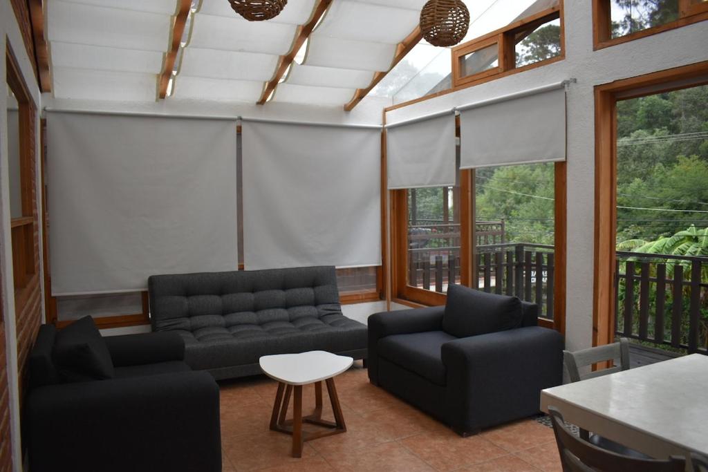 a living room with couches and a table and windows at Loft-style cabin in Avandaro in Valle de Bravo