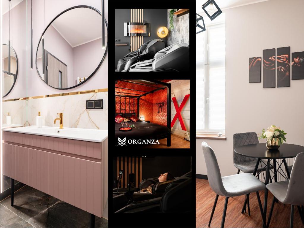 a collage of images with a sink and a mirror at Apartament Organza - Private Gym - Spa - Free Parking in Toruń