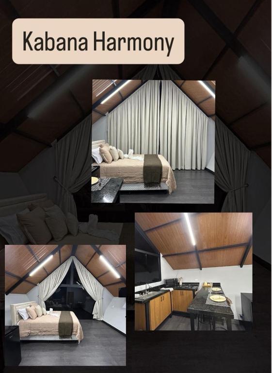 a collage of photos of a bedroom with a tent at Kabana Harmony in Aquidauana