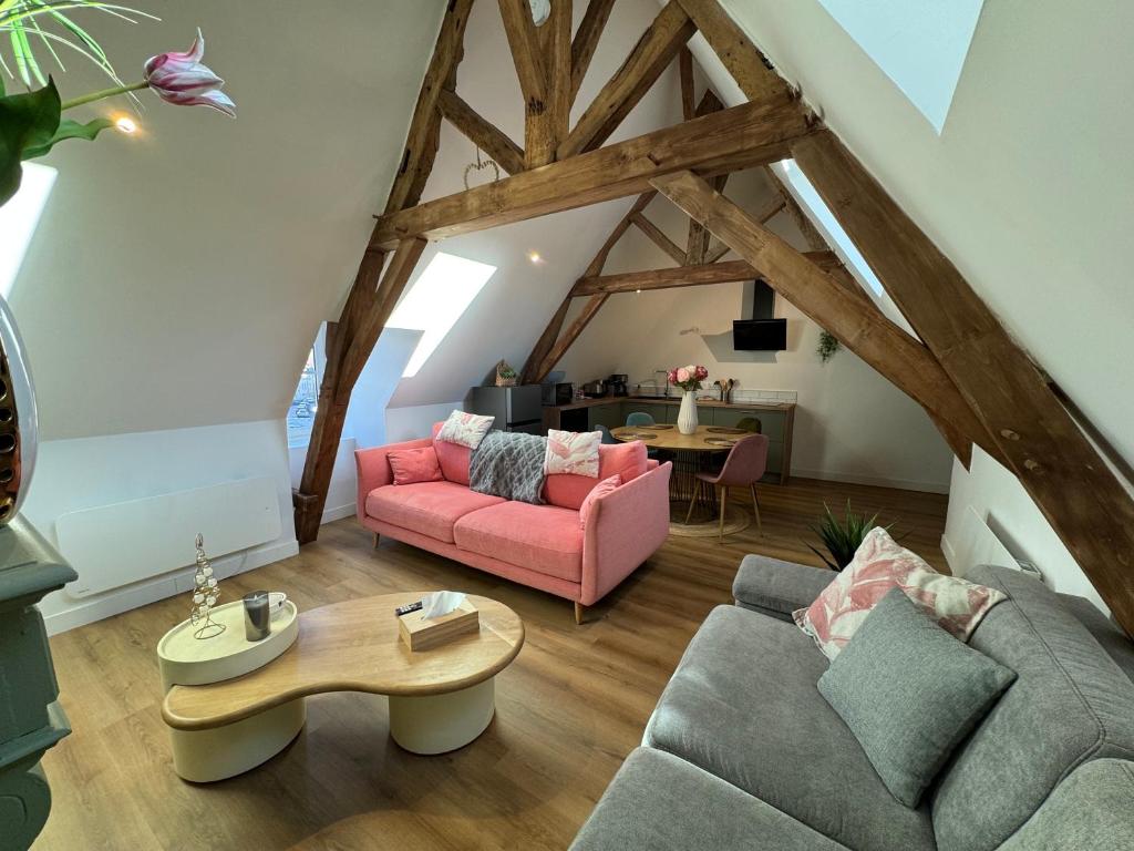 a living room with two couches and a table at Appart CATHEDRALE in Saint-Omer