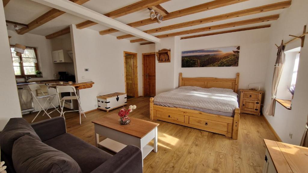a living room with a bed and a couch at Sethmacher Stube in Bad Gottleuba