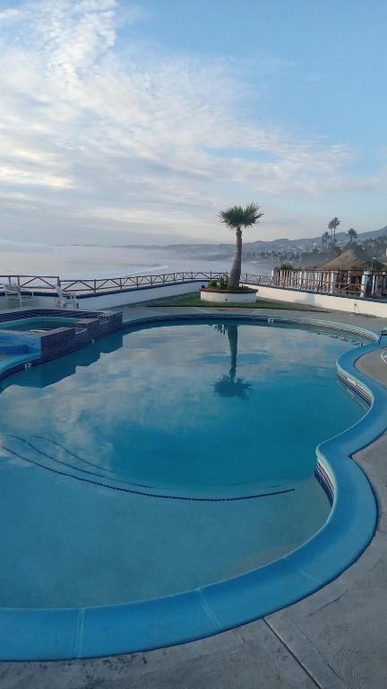 a large swimming pool with a palm tree in the background at Summer Nights Oceanfront Villa - Pool & Jacuzzi in Primo Tapia