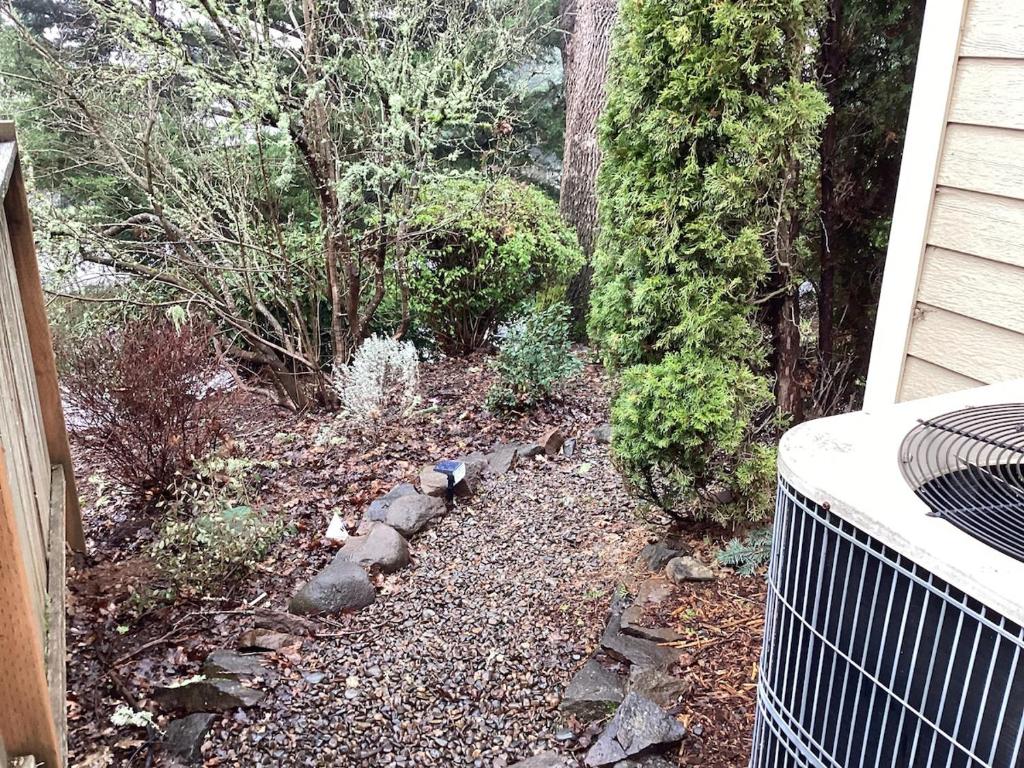 a garden with rocks and plants in a yard at Five Oaks Retreat in Salem