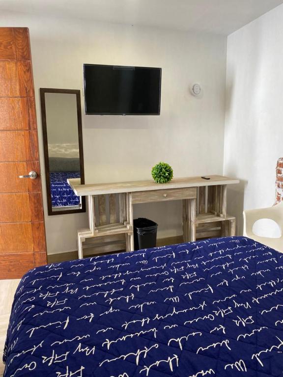 a bedroom with a bed and a desk with a television at RECAMARAS centricas ESTADIOS in San Aparicio