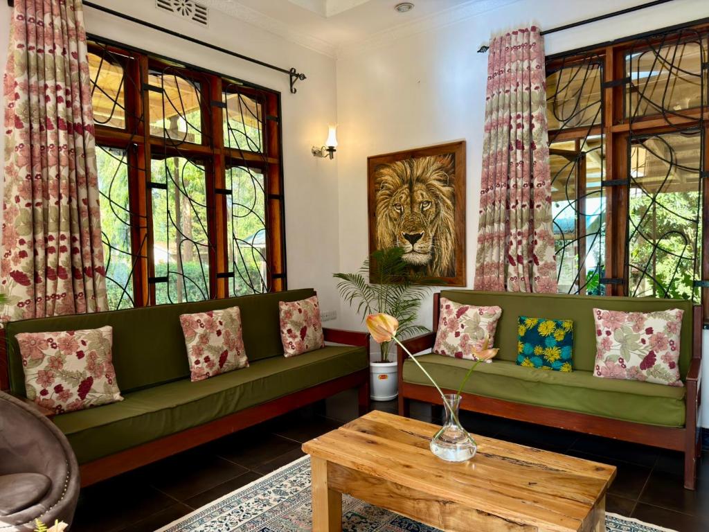 a living room with a green couch and windows at Sophie Homestay in Moshi
